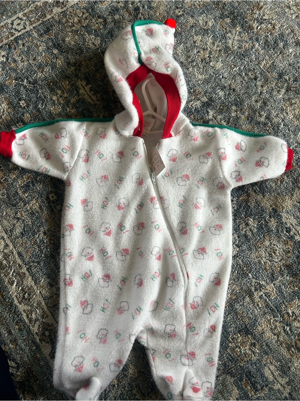Vintage Christmas White Fleece Baby Hooded One-Piece with Pink and Green Accents